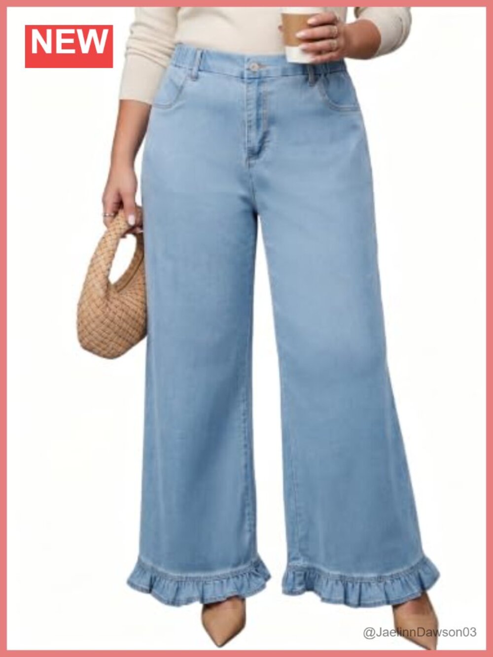 Plus Size Wide Leg Jeans High Waisted Ruffle Hem Tummy Control